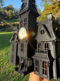 Miniature Black Addams Clock House O-Scale Victorian Mansion Nevermore Built-In Clock