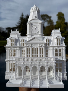 Miniature HO-Scale Victorian American Main Street City Hall Building Assembled White 1:87 by Gold Rush Bay