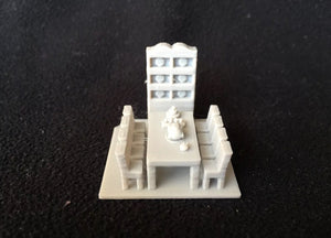 HO Scale Miniature Dining Room Insert including dining table w/ food, chairs, and hutch.